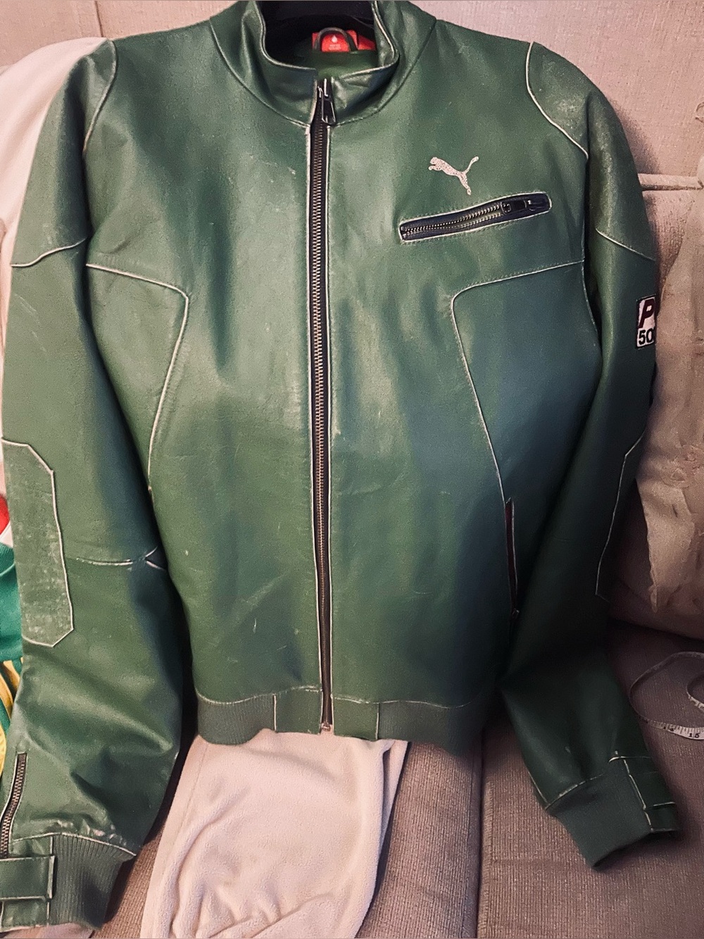 RARE Vintage 2006 Puma Green Leather Moto Racing Bomber Jacket - XL-